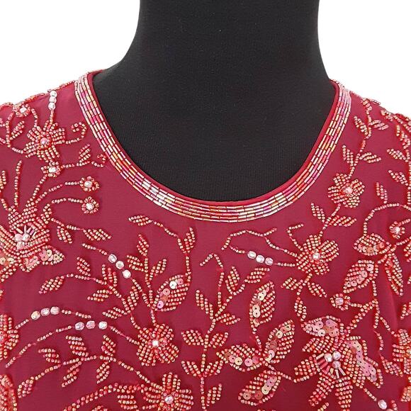 Vintage 70s Jack Bryan Beaded Sheer Silk Tunic Top Cherry Red Evening Holiday - Picture 5 of 15